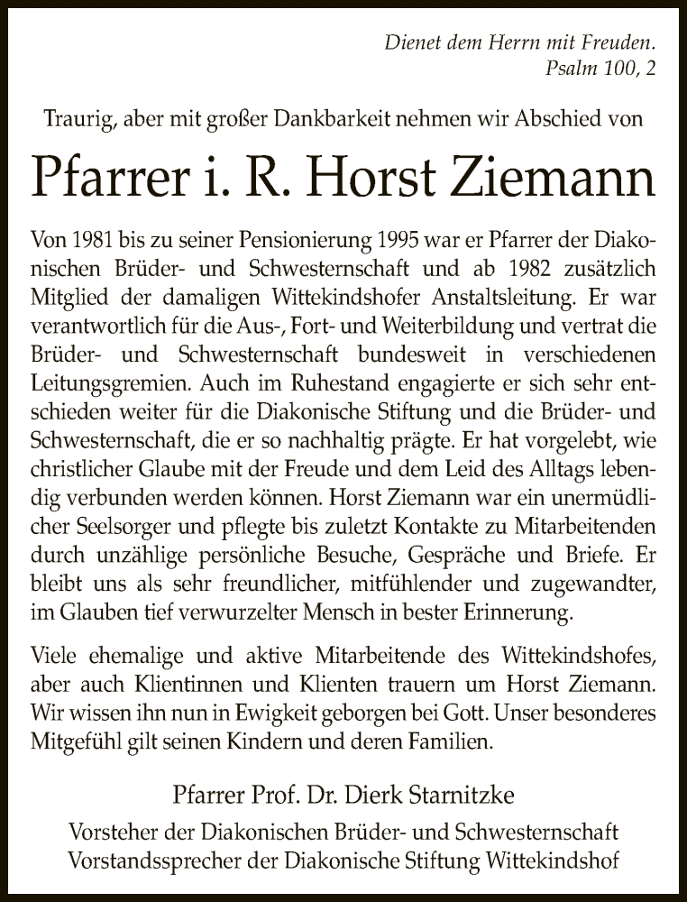  Traueranzeige für Horst Ziemann vom 22.08.2020 aus Neue Westfälische