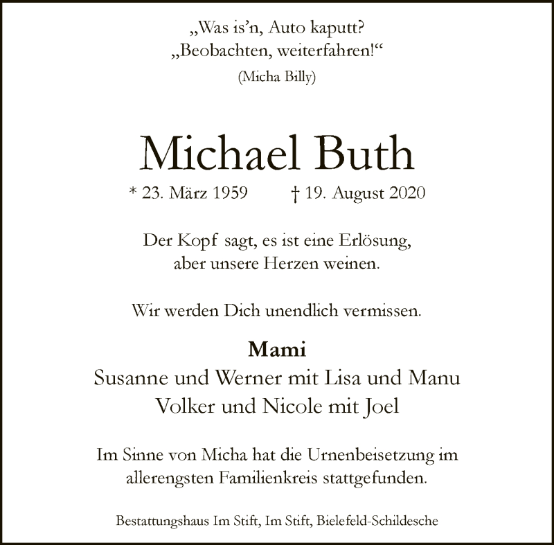  Traueranzeige für Michael Buth vom 29.08.2020 aus Neue Westfälische