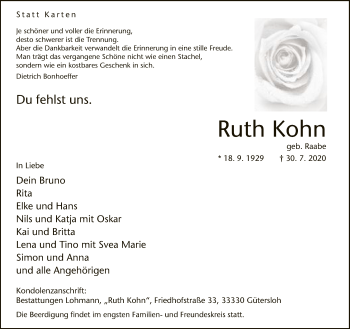 Traueranzeige von Ruth Kohn