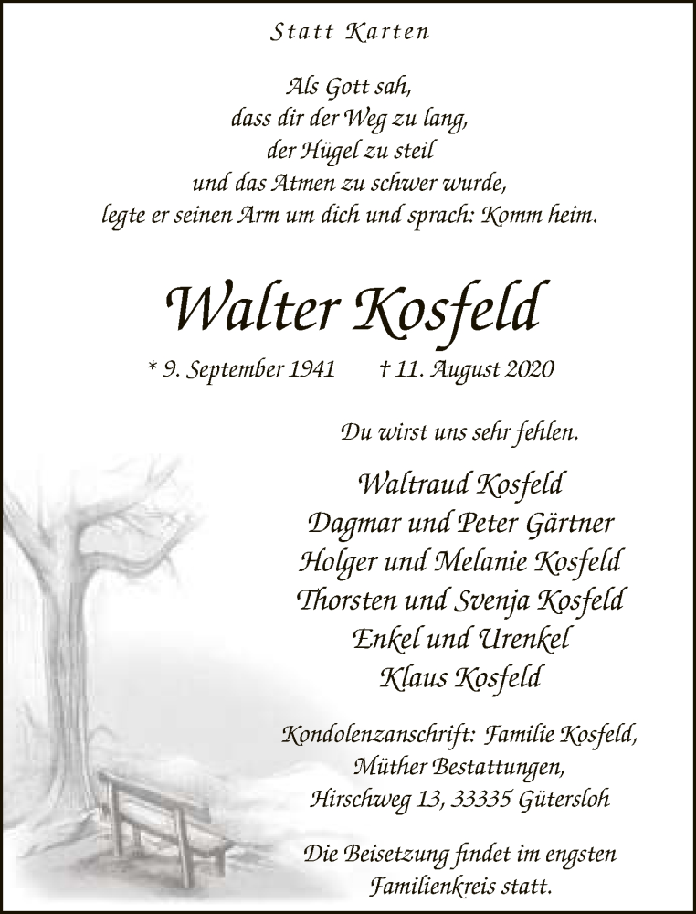  Traueranzeige für Walter Kosfeld vom 15.08.2020 aus Neue Westfälische