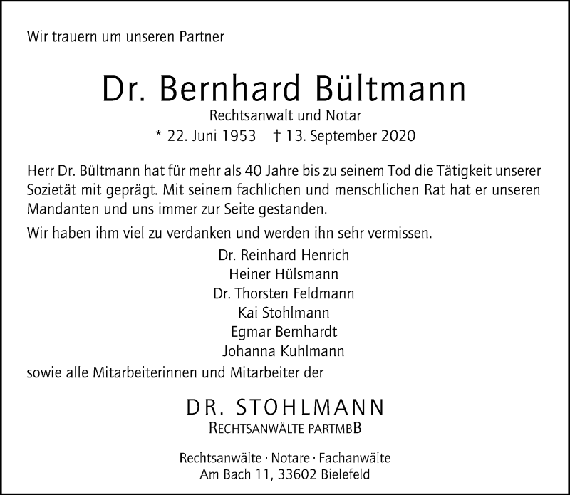  Traueranzeige für Bernhard Bültmann vom 30.09.2020 aus Neue Westfälische