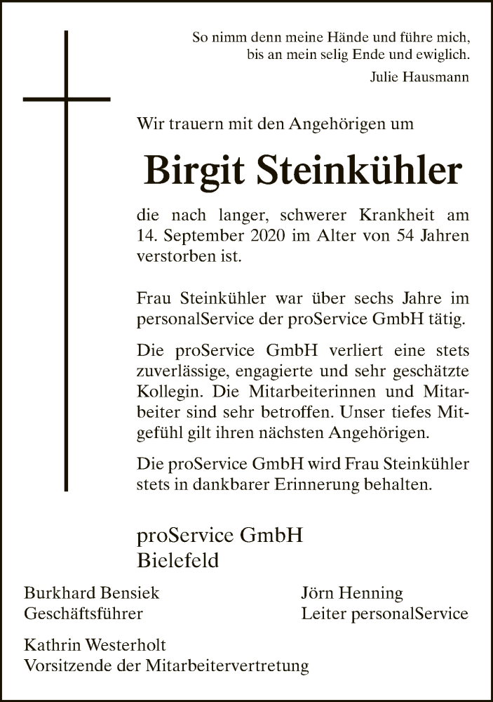  Traueranzeige für Birgit Steinkühler vom 19.09.2020 aus Neue Westfälische