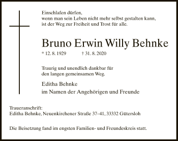Traueranzeige von Bruno Erwin Willy Behnke