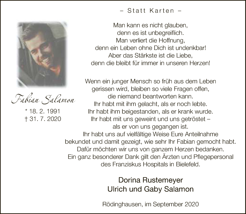  Traueranzeige für Fabian Salamon vom 19.09.2020 aus Neue Westfälische