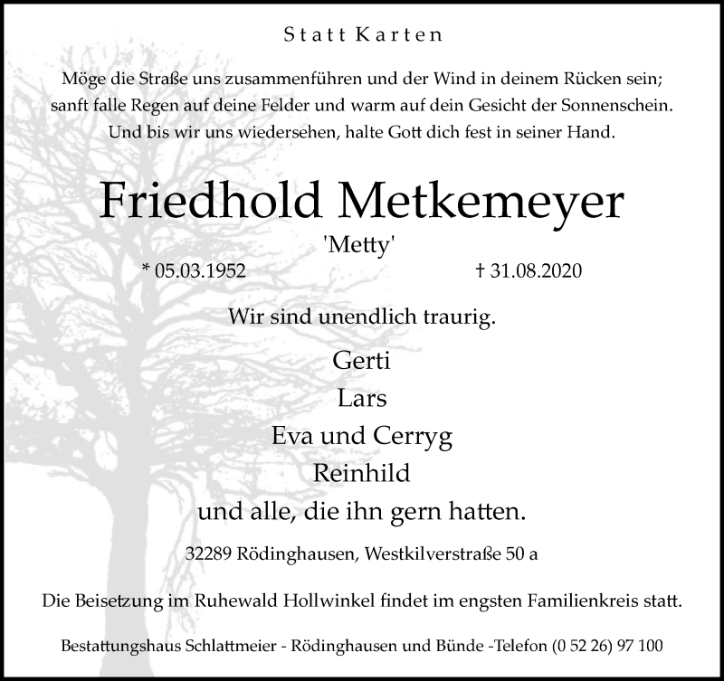  Traueranzeige für Friedhold Metkemeyer vom 05.09.2020 aus Neue Westfälische