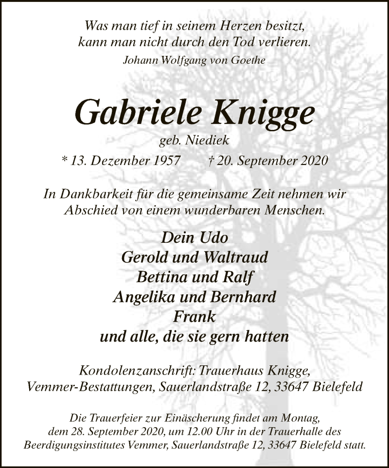  Traueranzeige für Gabriele Knigge vom 23.09.2020 aus Neue Westfälische