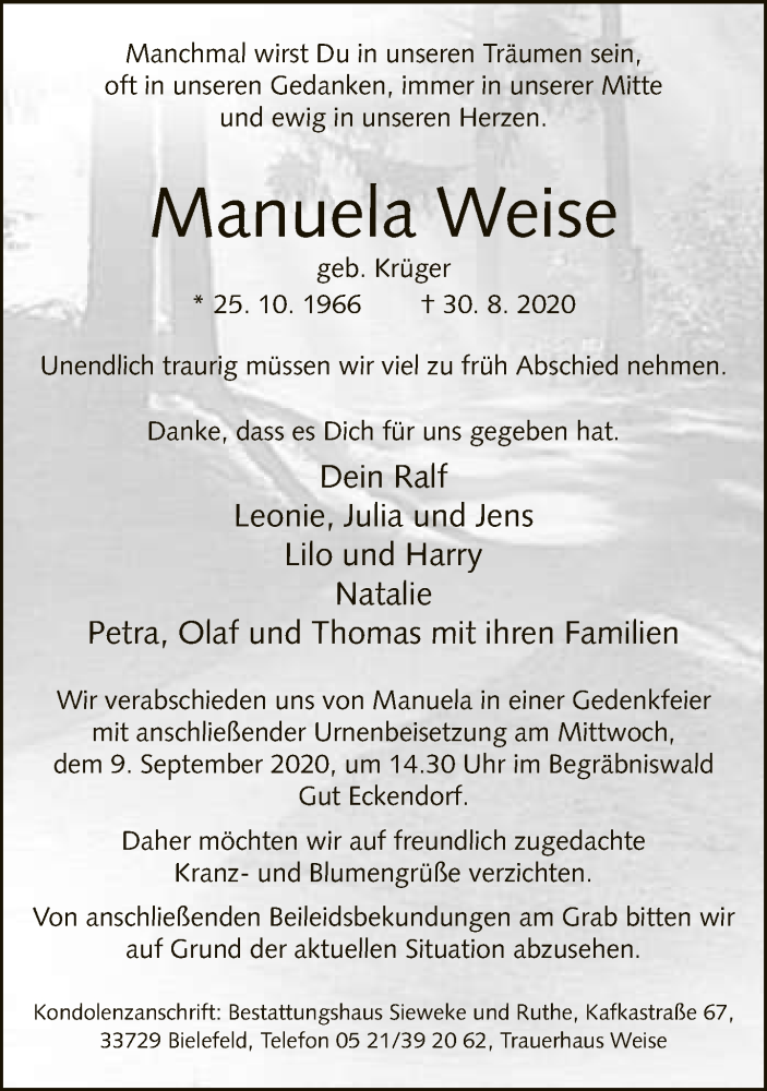  Traueranzeige für Manuela Weise vom 05.09.2020 aus Neue Westfälische