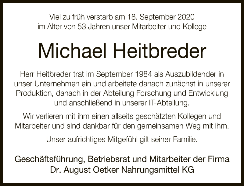  Traueranzeige für Michael Heitbreder vom 26.09.2020 aus Neue Westfälische