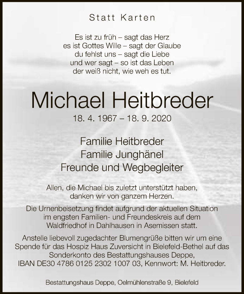  Traueranzeige für Michael Heitbreder vom 26.09.2020 aus Neue Westfälische