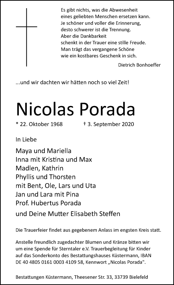  Traueranzeige für Nicolas Porada vom 12.09.2020 aus Neue Westfälische