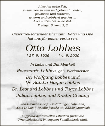 Traueranzeige von Otto Lobbes
