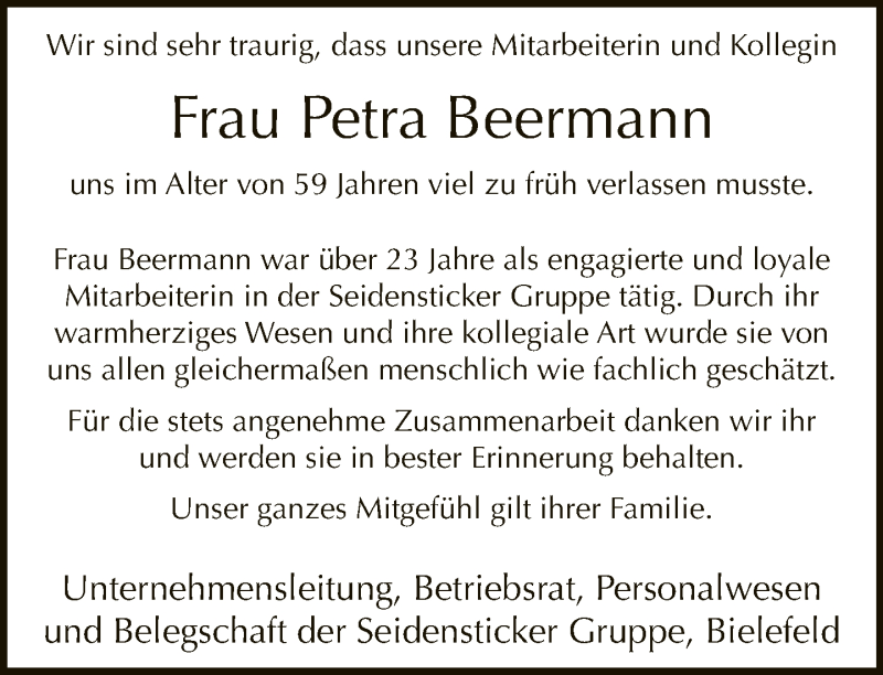  Traueranzeige für Petra Beermann vom 19.09.2020 aus Neue Westfälische