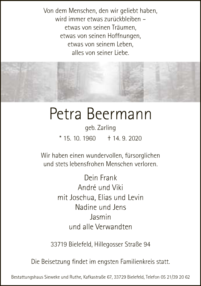  Traueranzeige für Petra Beermann vom 19.09.2020 aus Neue Westfälische