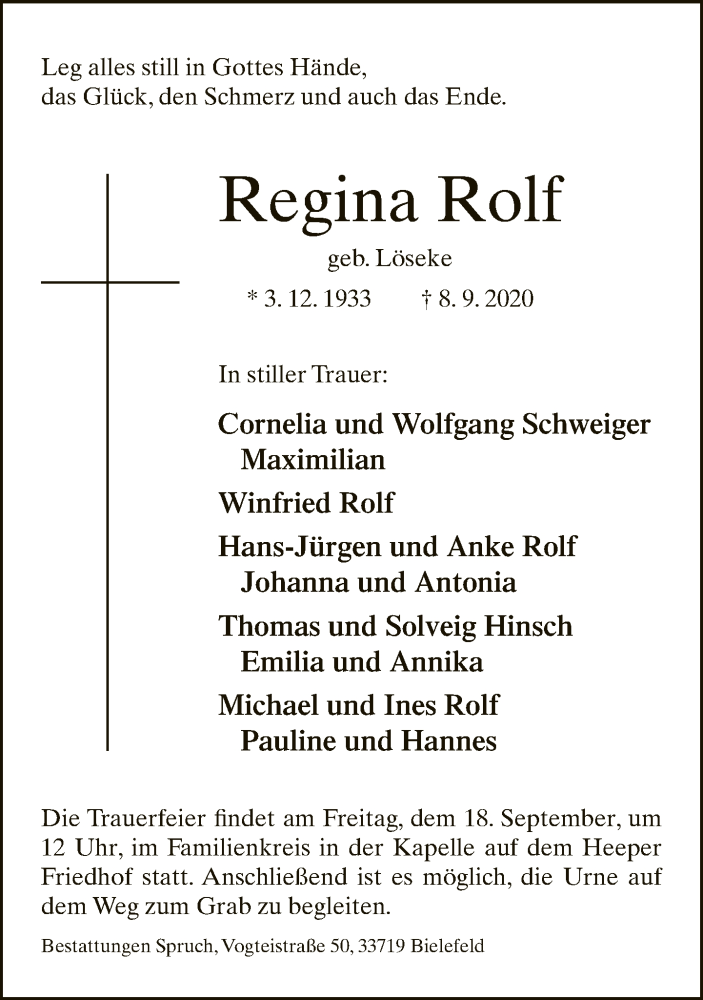  Traueranzeige für Regina Rolf vom 12.09.2020 aus Neue Westfälische