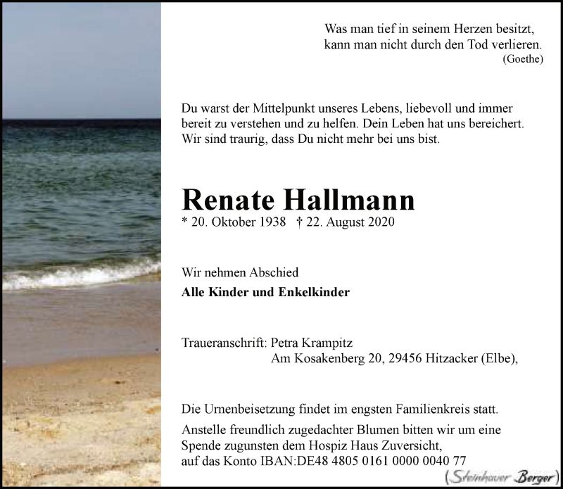  Traueranzeige für Renate Hallmann vom 05.09.2020 aus Neue Westfälische