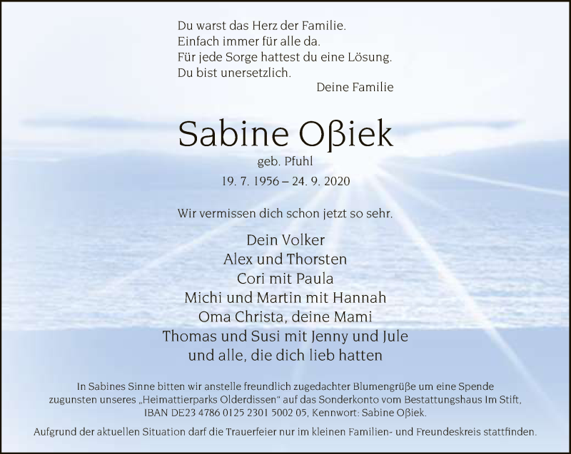  Traueranzeige für Sabine Oßiek vom 30.09.2020 aus Neue Westfälische