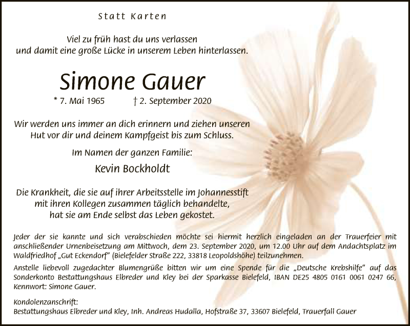  Traueranzeige für Simone Gauer vom 19.09.2020 aus Neue Westfälische