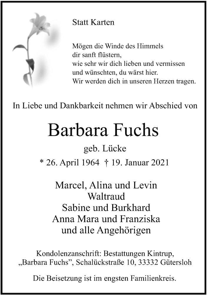 Traueranzeige für Barbara Fuchs vom 23.01.2021 aus Neue Westfälische