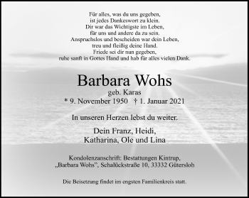 Traueranzeige von Barbara Wohs