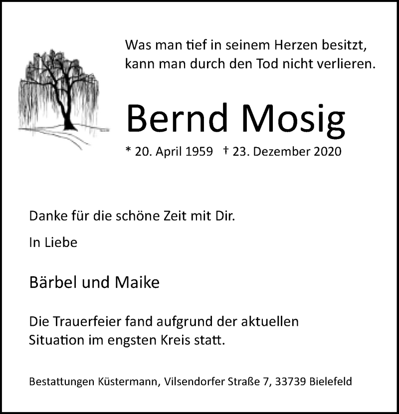  Traueranzeige für Bernd Mosig vom 09.01.2021 aus Neue Westfälische