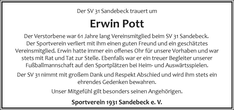  Traueranzeige für Erwin Pott vom 20.01.2021 aus Neue Westfälische