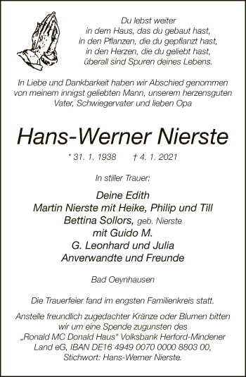 Traueranzeige von Hans-Werner Nierste