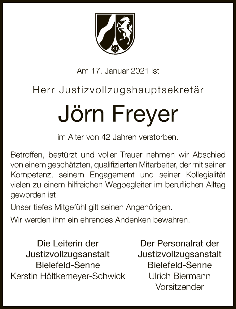  Traueranzeige für Jörn Freyer vom 23.01.2021 aus Neue Westfälische