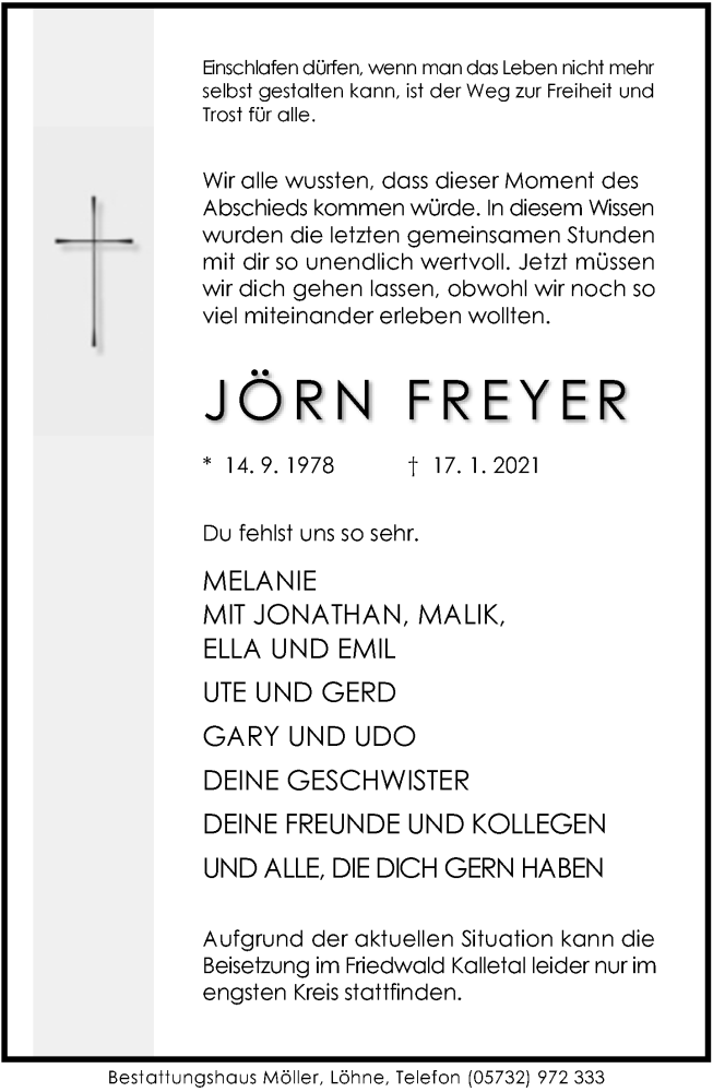  Traueranzeige für Jörn Freyer vom 23.01.2021 aus Neue Westfälische