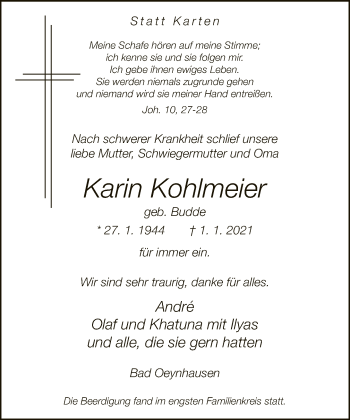 Traueranzeige von Karin Kohlmeier