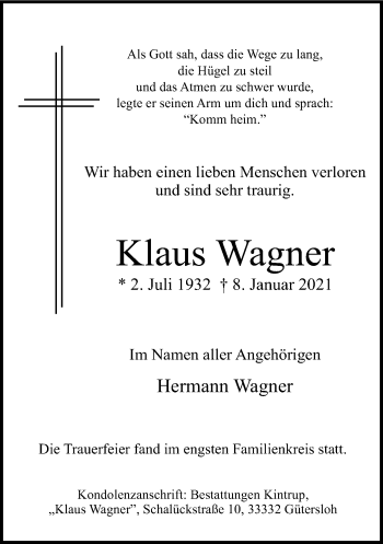 Traueranzeige von Klaus Wagner