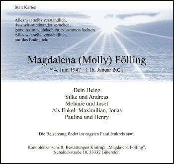 Traueranzeige von Magdalena Fölling