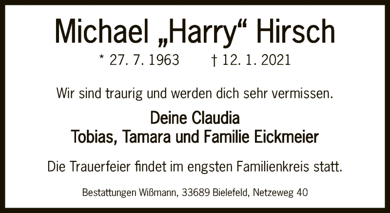  Traueranzeige für Michael Harry Hirsch vom 16.01.2021 aus Neue Westfälische