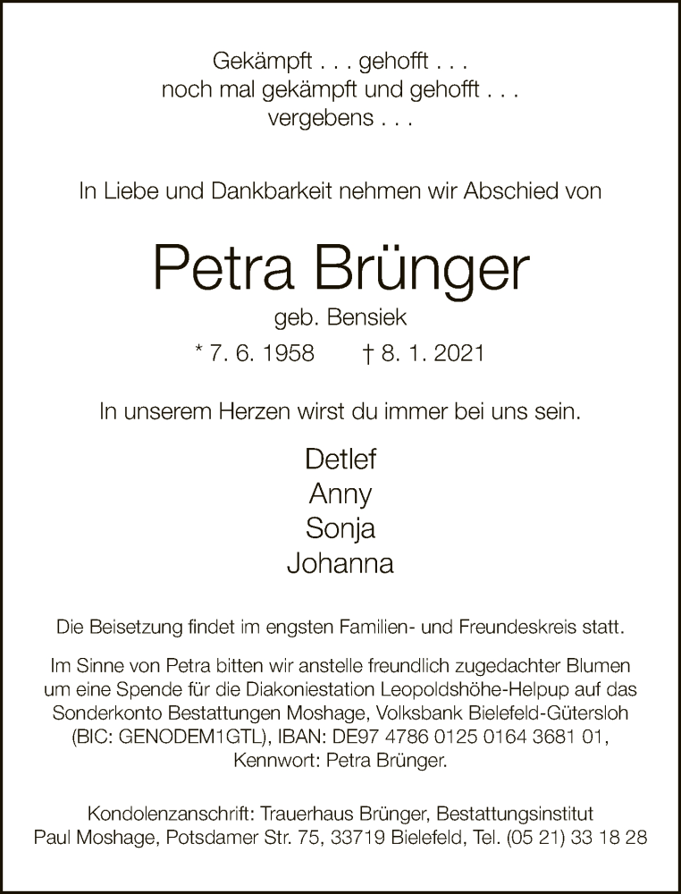  Traueranzeige für Petra Brünger vom 09.01.2021 aus Neue Westfälische
