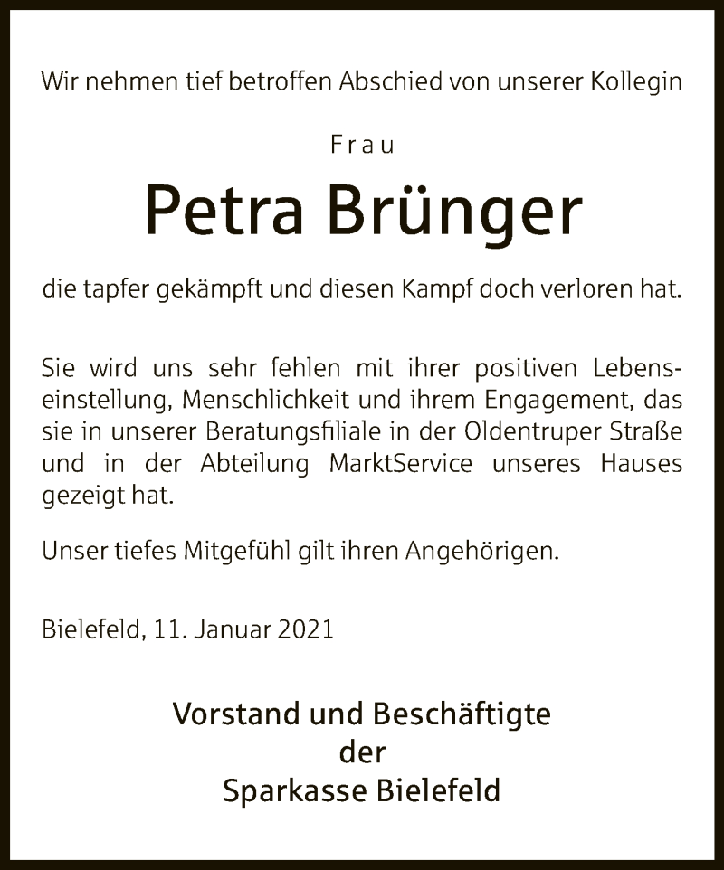  Traueranzeige für Petra Brünger vom 13.01.2021 aus Neue Westfälische