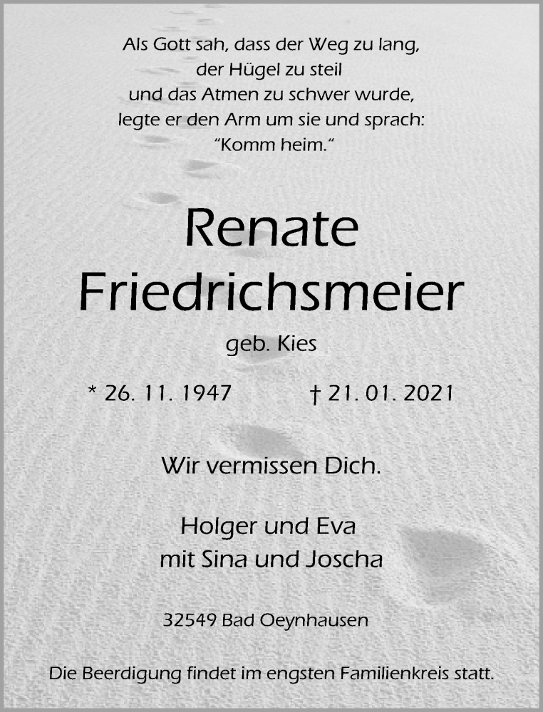  Traueranzeige für Renate Friedrichsmeier vom 23.01.2021 aus Neue Westfälische