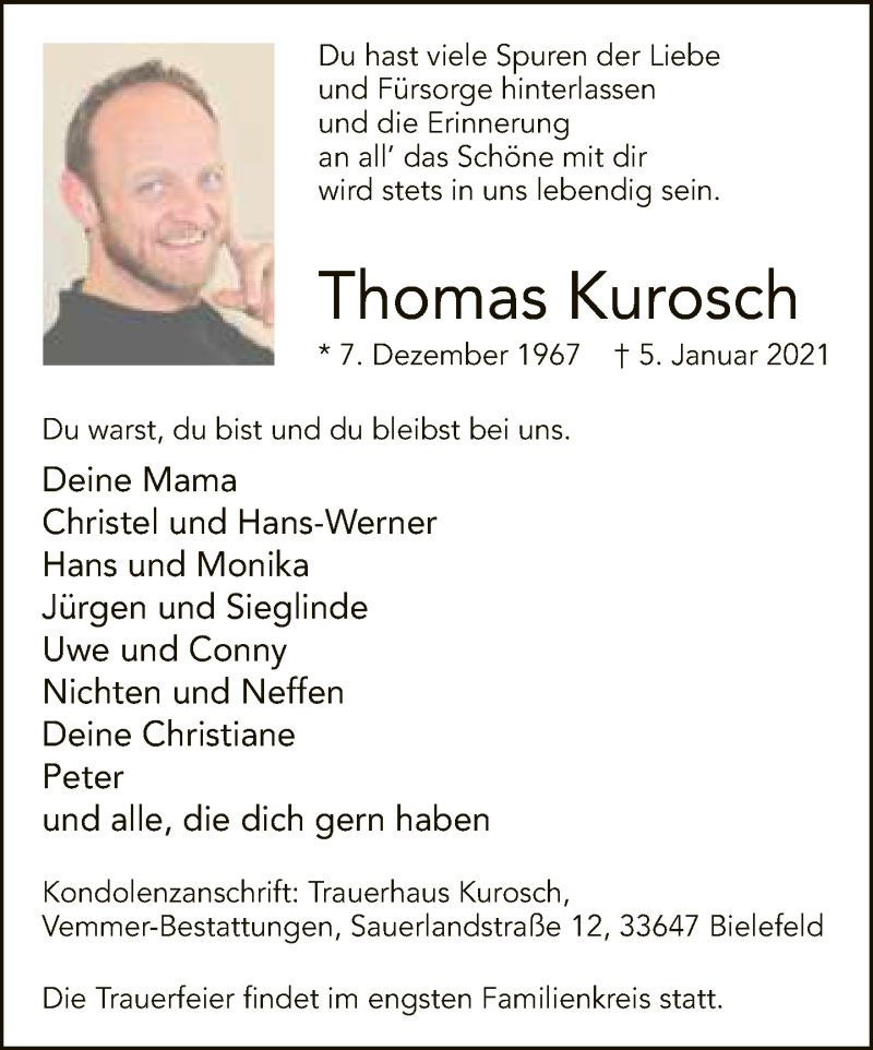  Traueranzeige für Thomas Kurosch vom 09.01.2021 aus Neue Westfälische