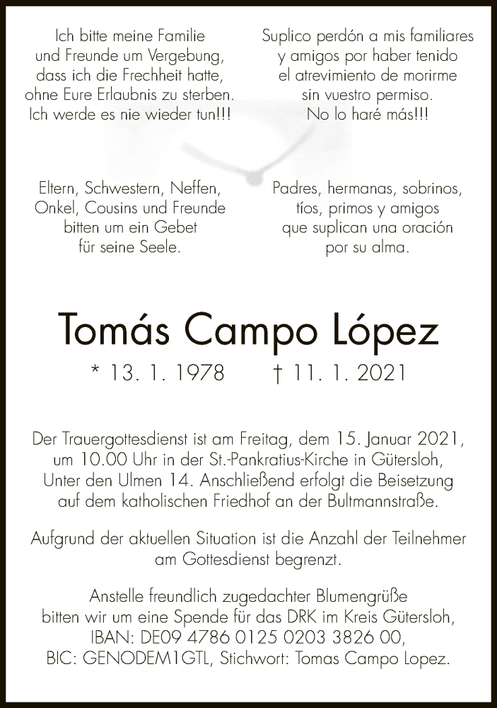  Traueranzeige für Tomás Campo López vom 14.01.2021 aus Neue Westfälische