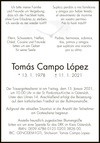 Traueranzeige von Tomás Campo López
