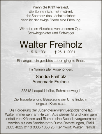 Traueranzeige von Walter Freiholz
