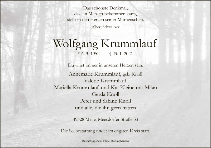  Traueranzeige für Wolfgang Krummlauf vom 27.01.2021 aus Neue Westfälische