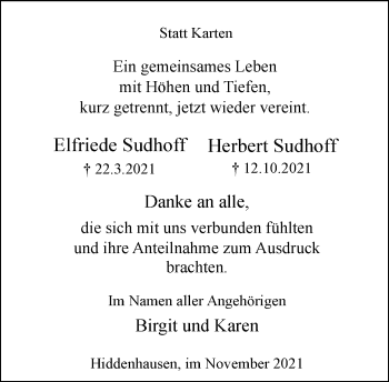 Traueranzeige von Elfriede und Herbert Sudhoff