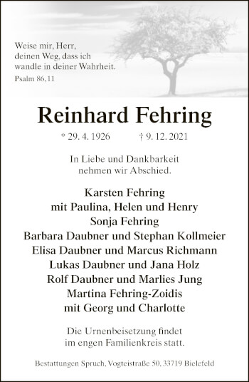 Traueranzeige von Reinhard Fehring