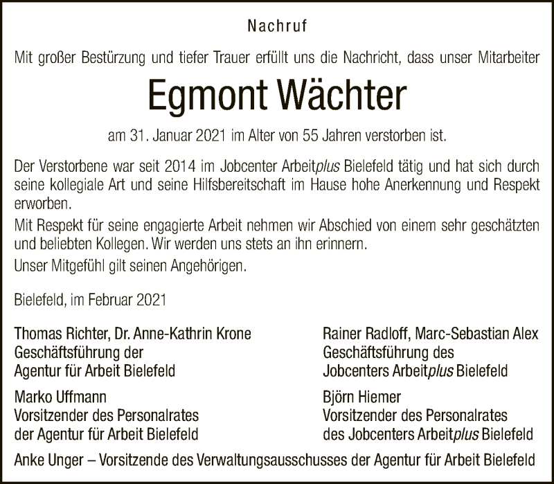  Traueranzeige für Egmont Wächter vom 05.02.2021 aus Neue Westfälische