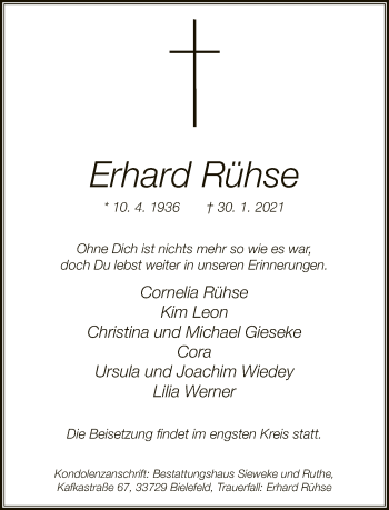 Traueranzeige von Erhard Rühse