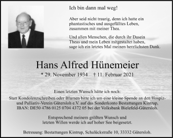 Traueranzeige von Hans Alfred Hünemeier