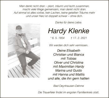 Traueranzeige von Hardy Klenke