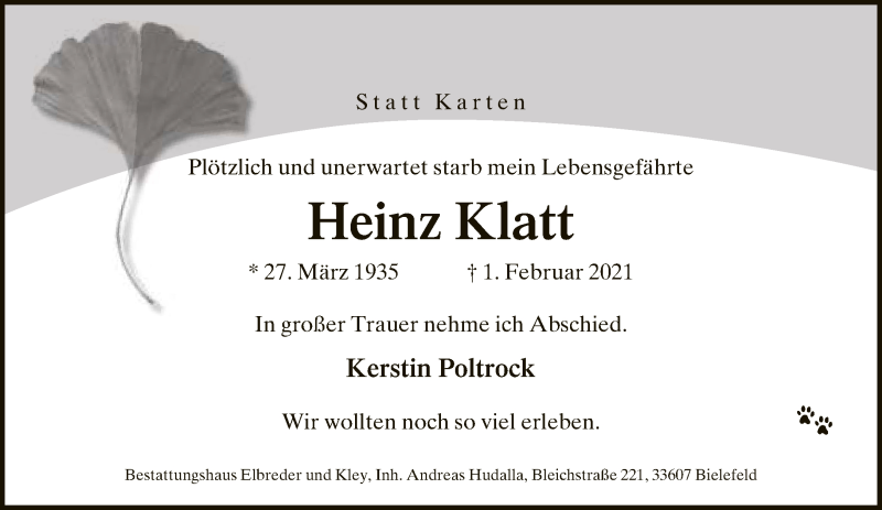  Traueranzeige für Heinz Klatt vom 06.02.2021 aus Neue Westfälische