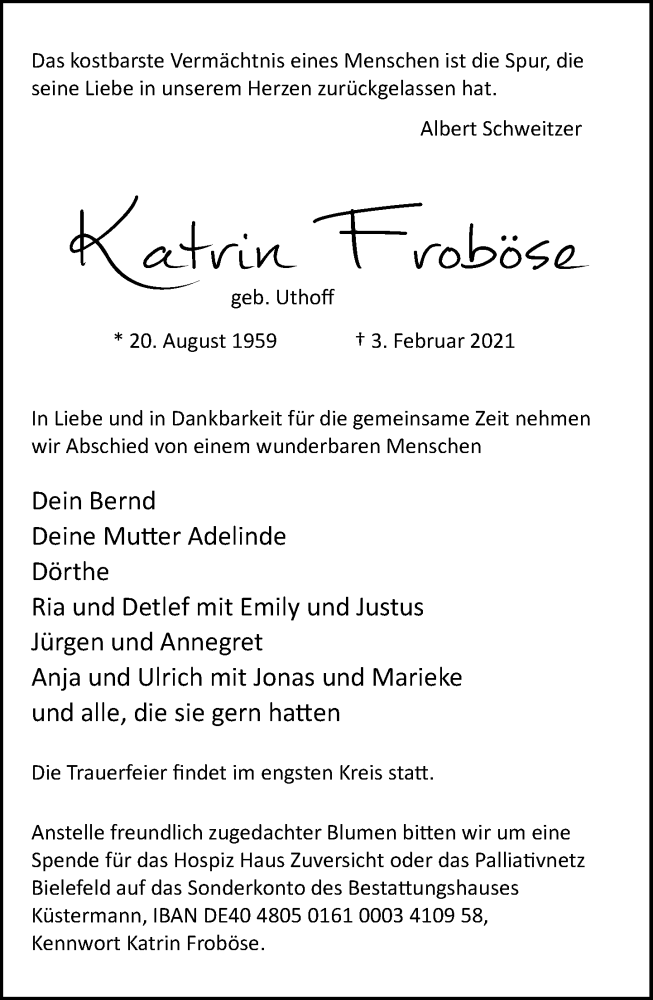  Traueranzeige für Katrin Froböse vom 06.02.2021 aus Neue Westfälische
