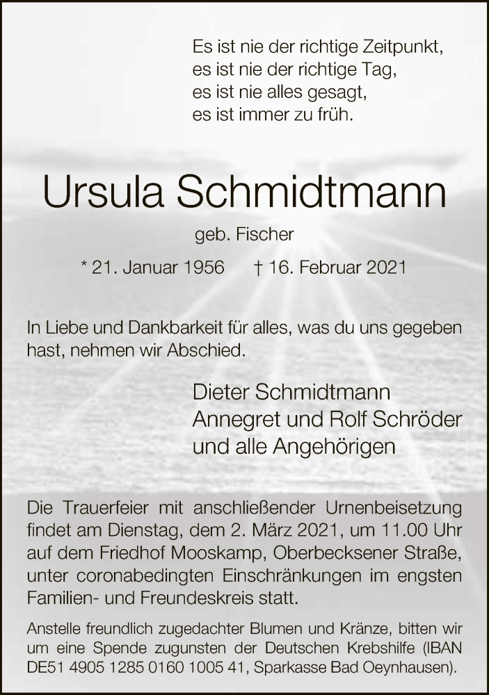  Traueranzeige für Ursula Schmidtmann vom 24.02.2021 aus Neue Westfälische