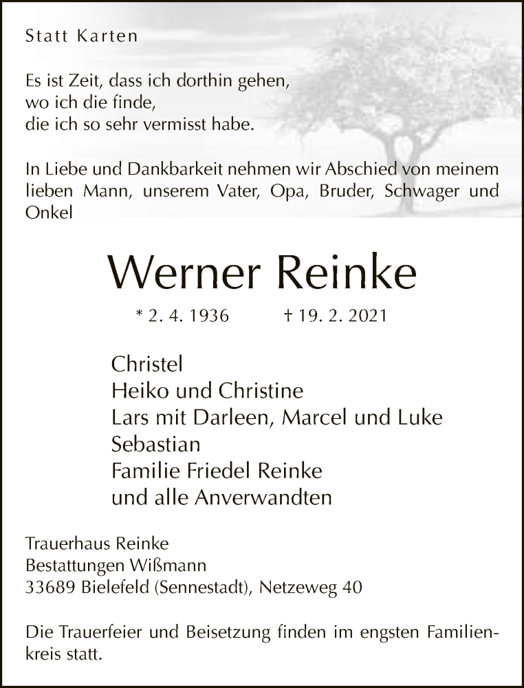  Traueranzeige für Werner Reinke vom 27.02.2021 aus Neue Westfälische